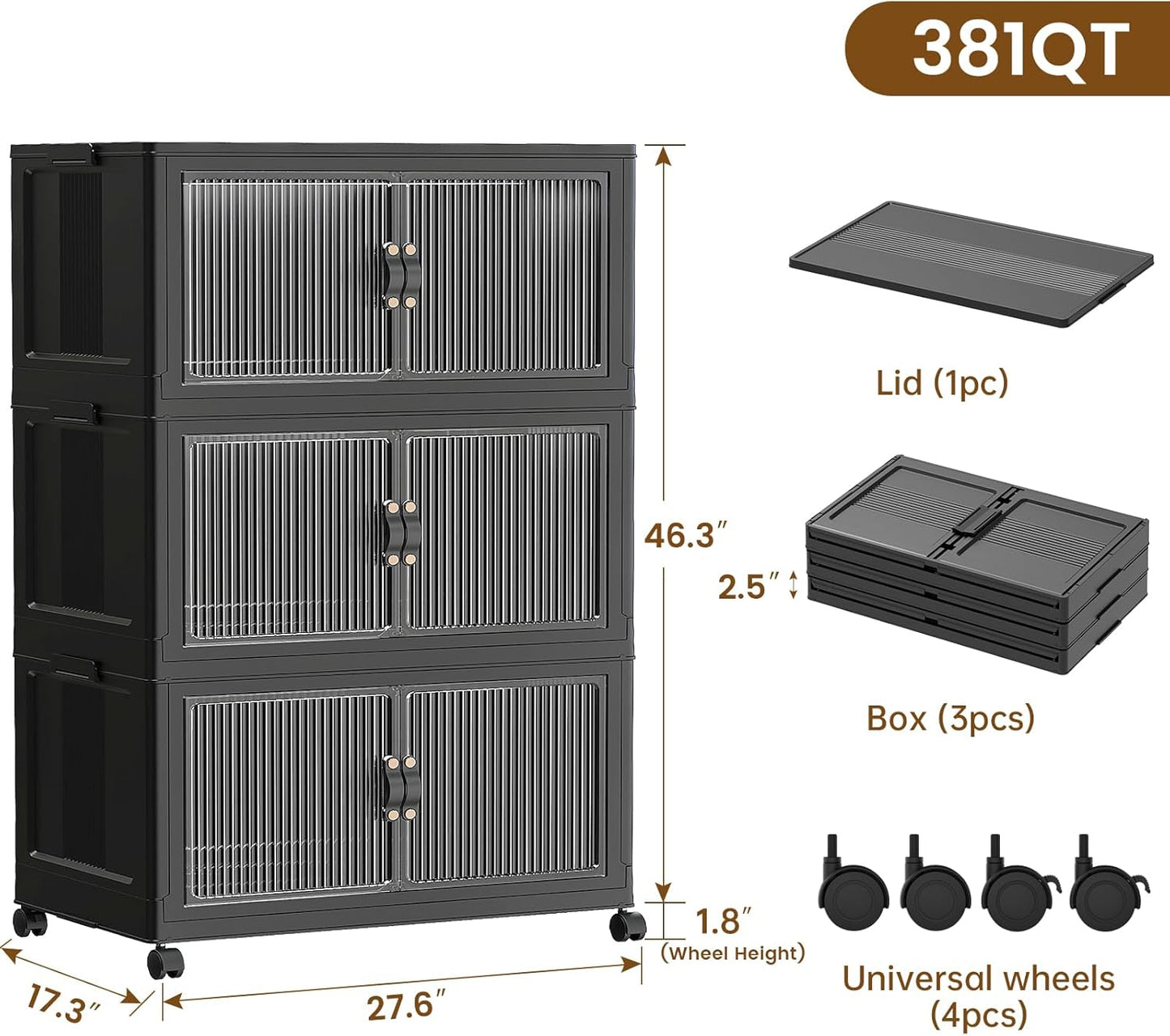 SAILUN 145Gal/580Qt Collapsible & Stackable Storage Bins with Door & a Lid,Perfect for Blanket Storage, Pillow Organizer, Bedroom Closet & Living Room, Black 26" W x 17" D x 71" H