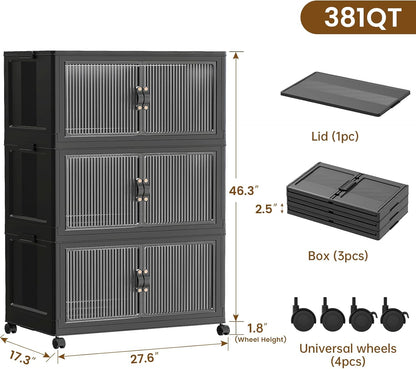 SAILUN 145Gal/580Qt Collapsible & Stackable Storage Bins with Door & a Lid,Perfect for Blanket Storage, Pillow Organizer, Bedroom Closet & Living Room, Black 26" W x 17" D x 71" H