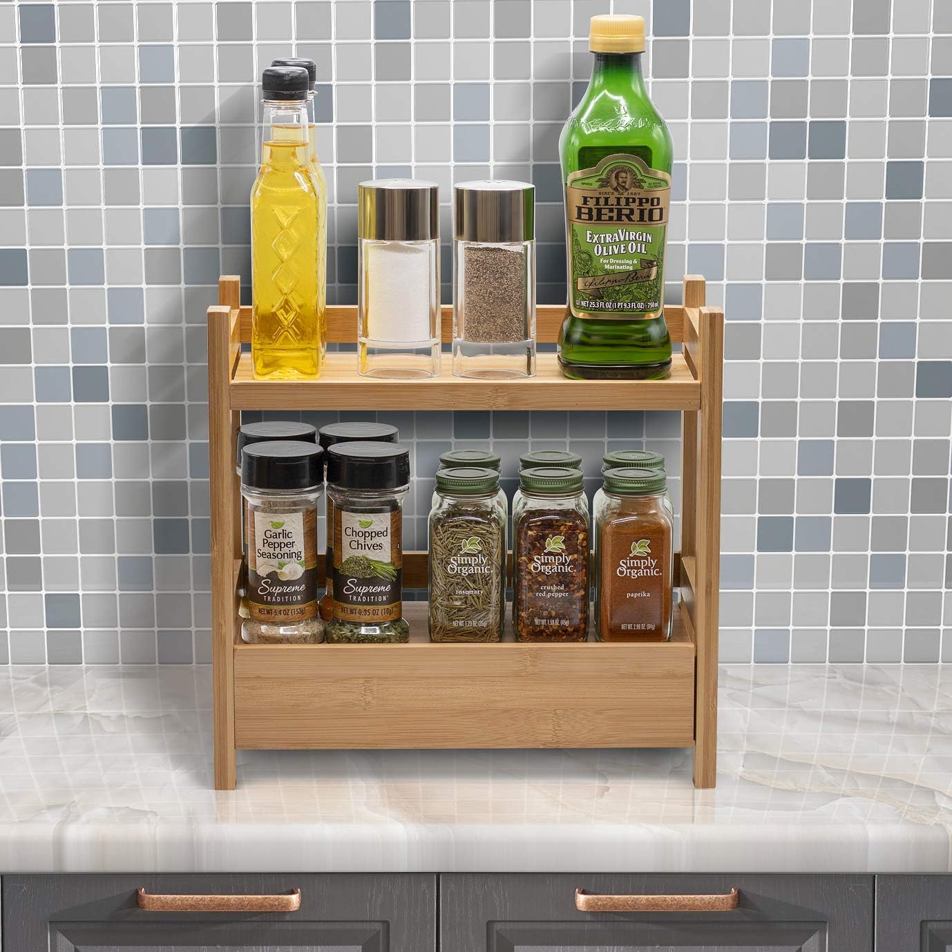 Sorbus Bamboo Bathroom Counter Organizer – 2-Tier Shelf with Hidden Drawer for Vanity, Matcha Station, Bathroom Sink Organizer Countertop, Kitchen & Office Storage (13″ L x 6.5″ W x 12.6″ H)