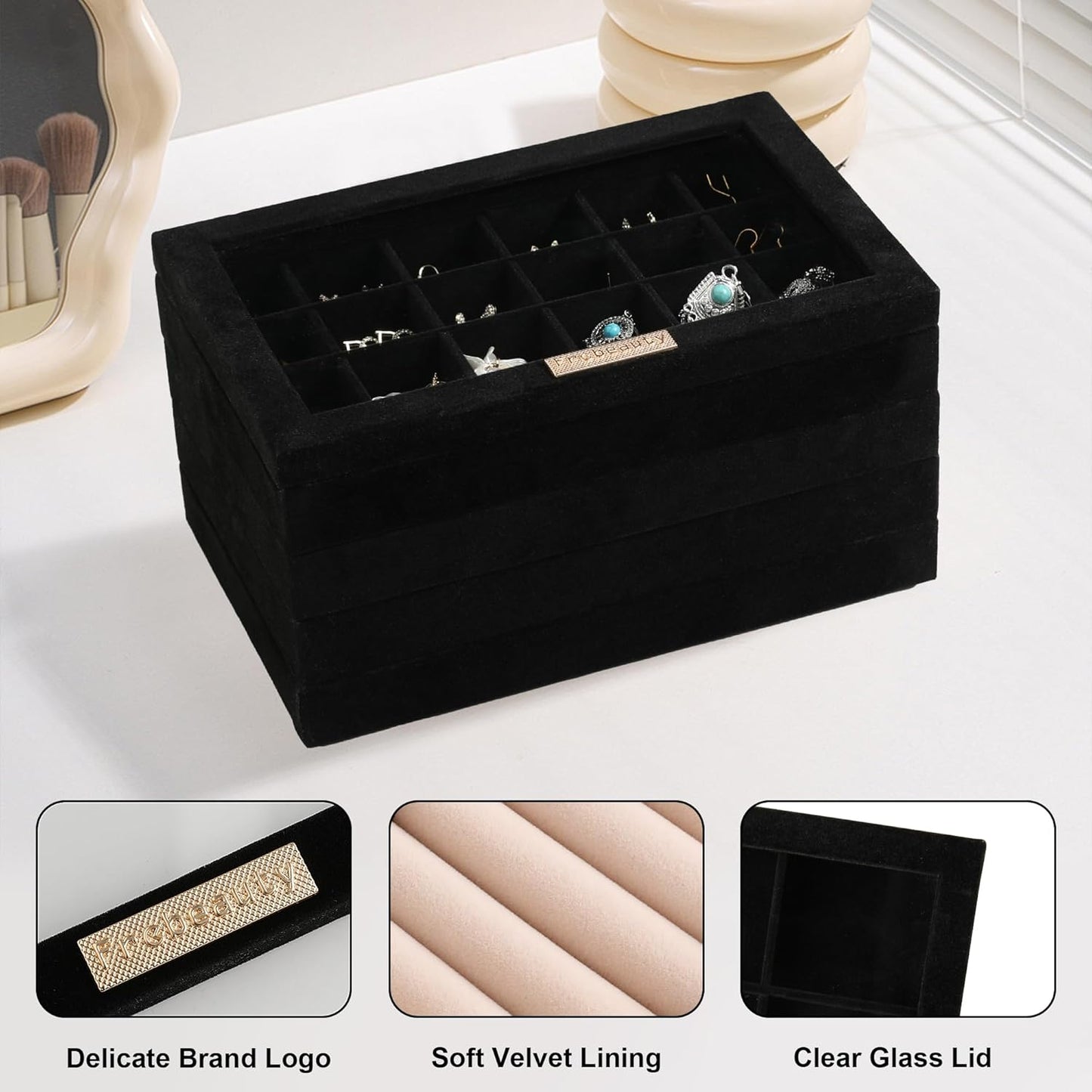 Frebeauty Stackable Jewelry Trays, Velvet Drawer Jewelry Organizer with Glass Lid,5 in 1 Multi-Functional Jewelry Storage for Earrings Necklaces Rings, 10.5 x 6.5 x 5.55 Inches Gift for Women(Beige)