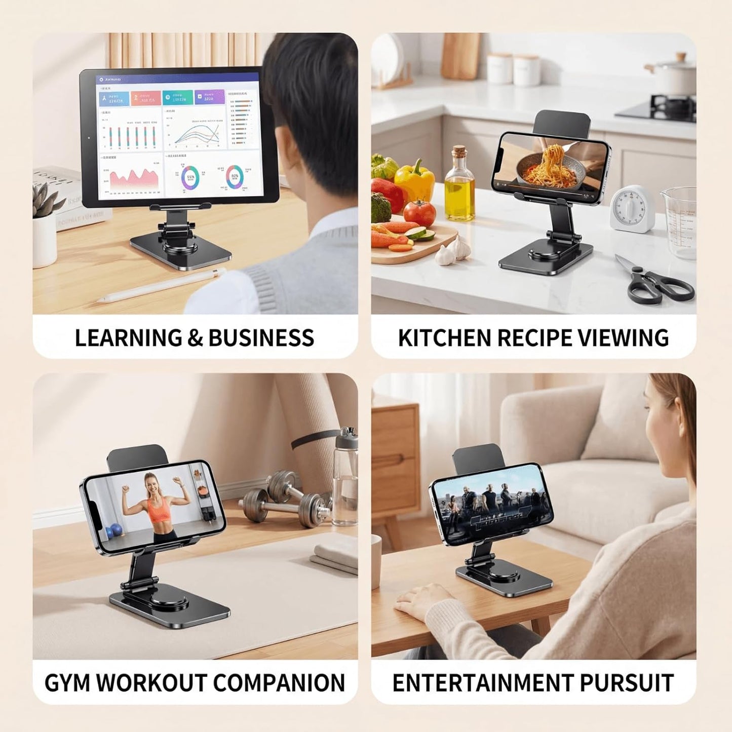 4 Joints 360° Rotating Cell Phone Stand for Desk, Adjustable Folding Phone Stand, Aluminum Alloy Arms & Steel Base, Non-Slip Silicone Pads, Scratch-Free for iPhone & Android, Black