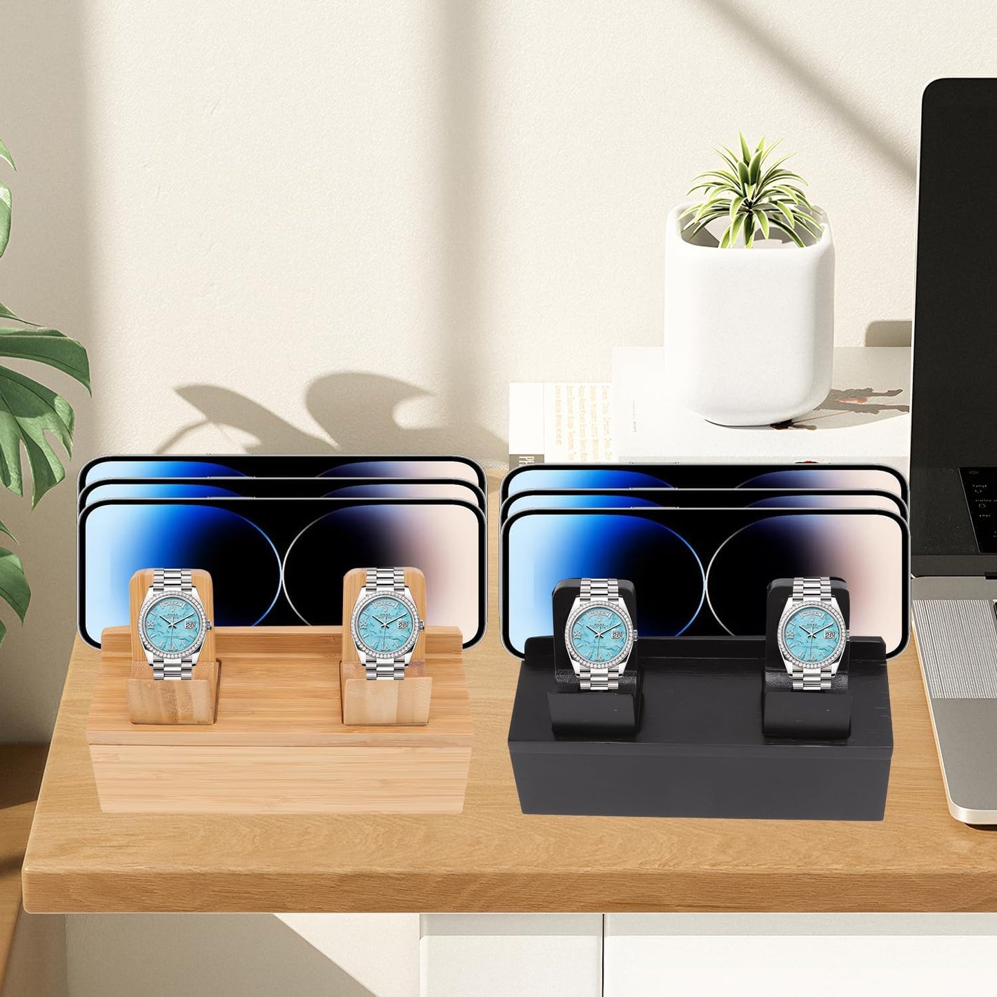 Wooden Charging Station for Multiple Devices - 5 Port USB Desktop Organizer with Watch Holder, Compatible with Phones Tablets Electronics (Black, 11.3x13x17cm/4.4x5.1x6.7in)