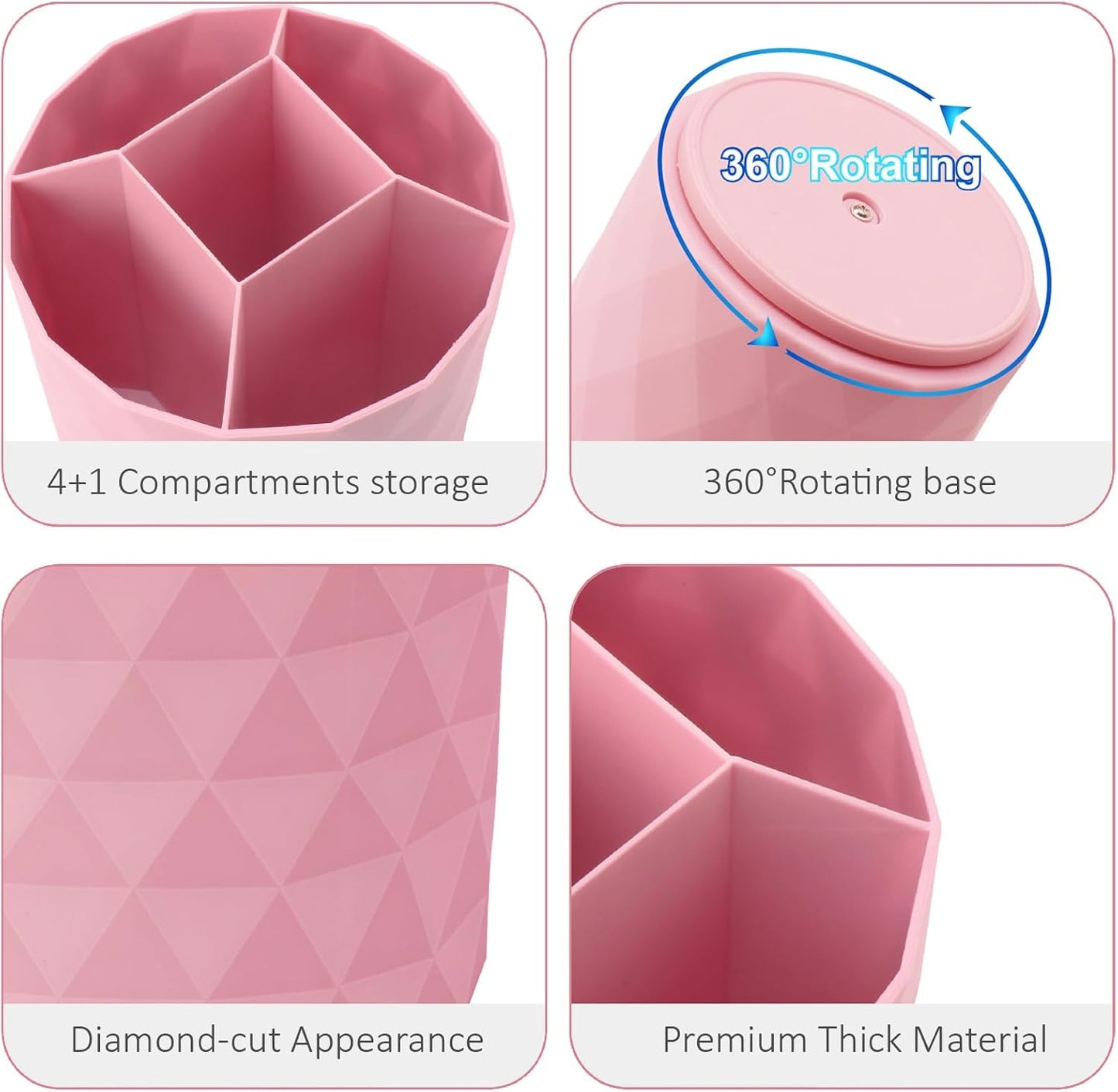 Desk Organizer, 360-Degree Rotating Pencil Pen Holders For Desk, Diamond Pattern Pen Organizer With 5 Compartments, Cute Desk Accessories Decor For Office, School,Home,Art Supply (Pink)