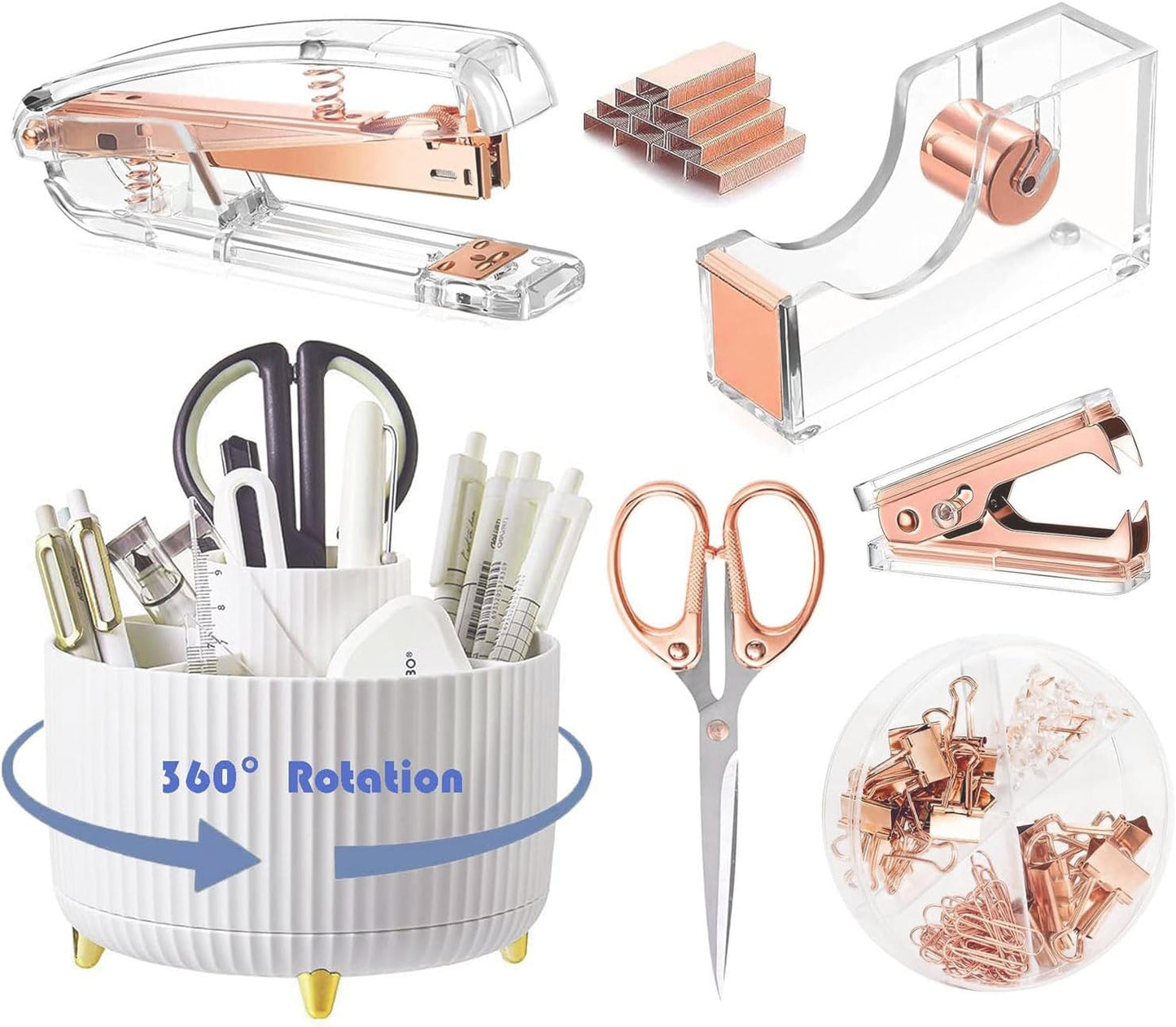 Gawsey Gold Desk Organizers and Accessories Set with 360-Degree Rotating Pen Holder, Acrylic Stapler, Tape Holder, Staple Remover, Binder/Paper Clips Kit, Scissor and 1 Box of Staples