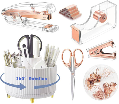 Gawsey Gold Desk Organizers and Accessories Set with 360-Degree Rotating Pen Holder, Acrylic Stapler, Tape Holder, Staple Remover, Binder/Paper Clips Kit, Scissor and 1 Box of Staples
