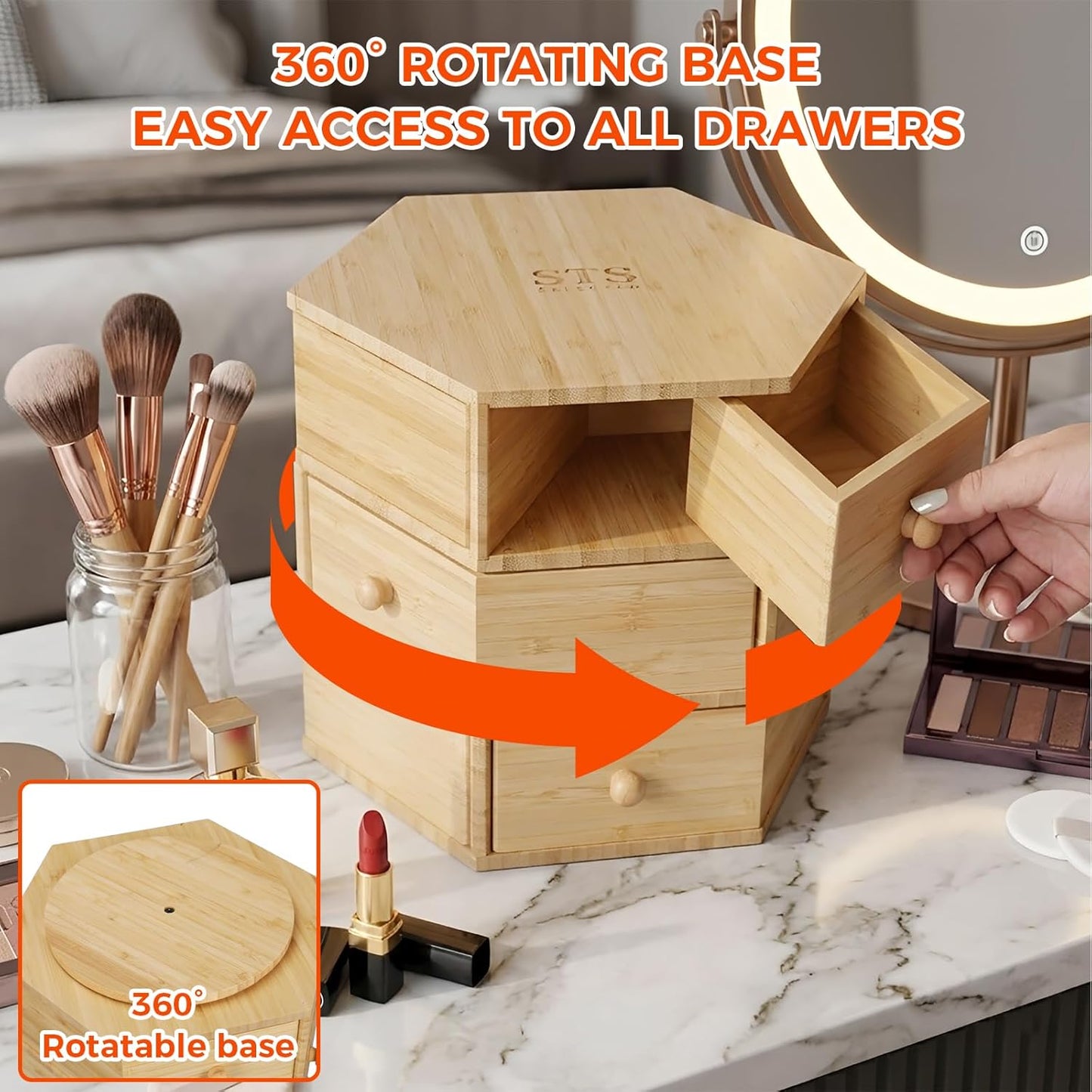 360° Rotatable Bamboo Desktop Organizer, Large Capacity Cosmetic & Jewelry Storage for Makeup Serum, Diamond, Easy Setup No Assembly (4-Tier 12-Drawers)