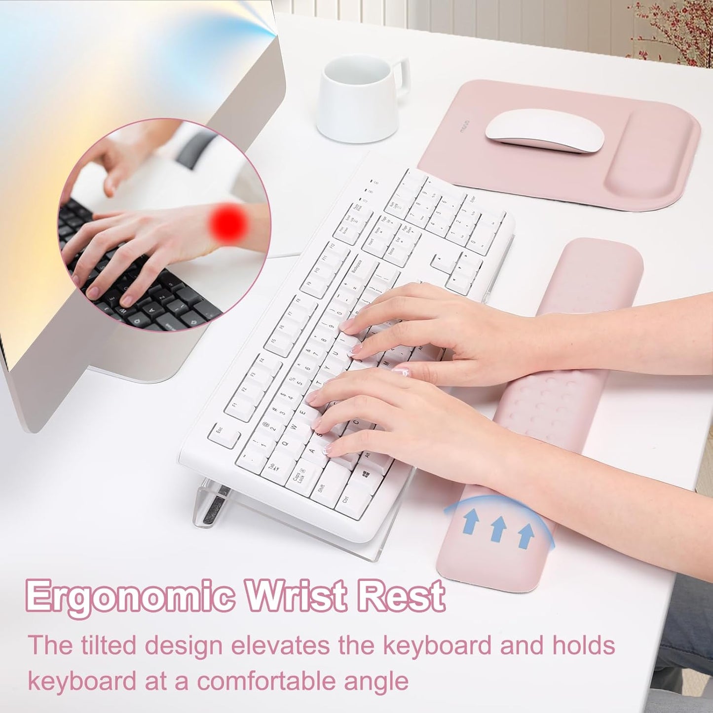 MOSISO Computer Keyboard Stand&Wrist Rest Support for Keyboard &Mouse Pad Set, Ergonomic Massage Wrist Rest Set, Easy Typing Working Acrylic Clear Stand for Office Home, Apricot
