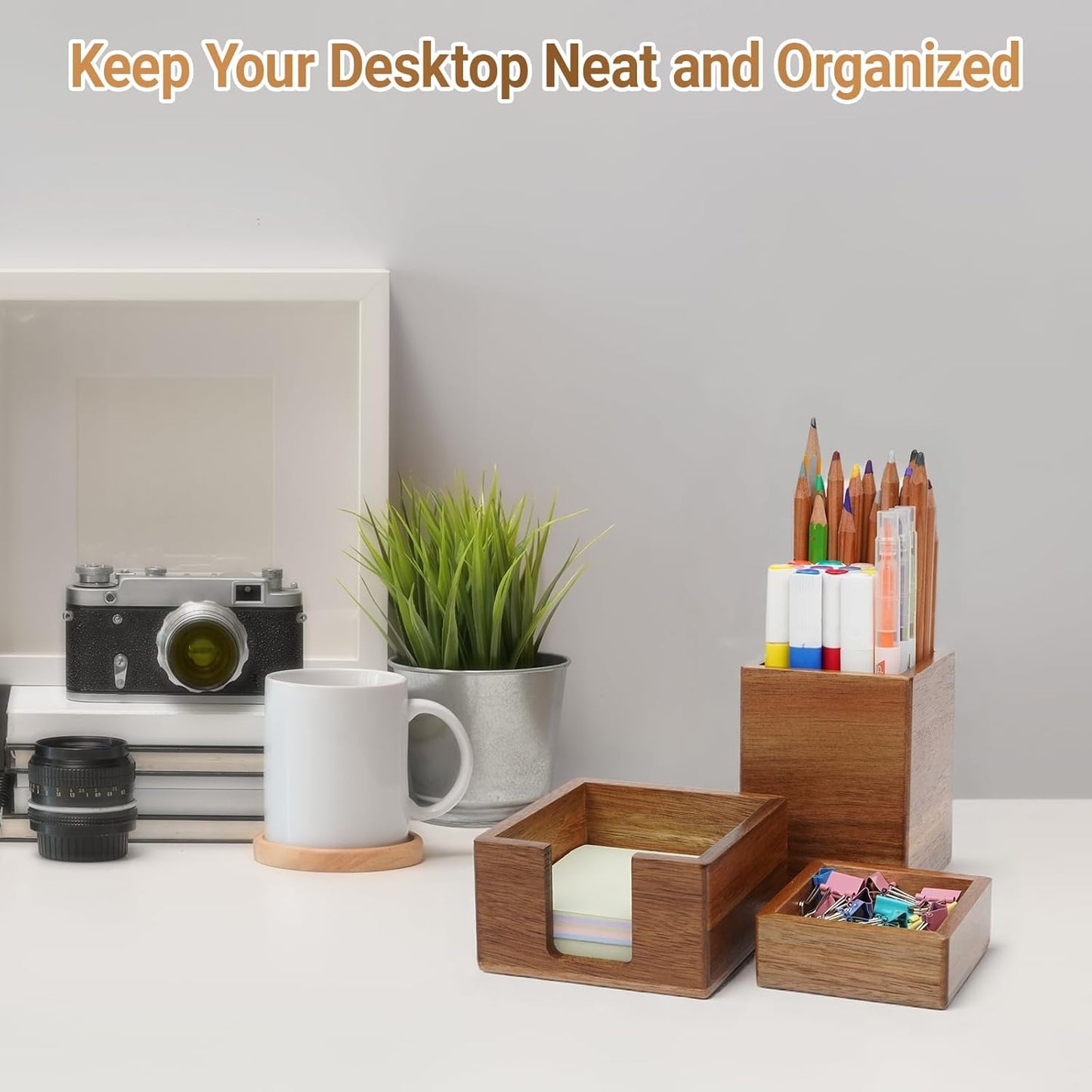 RAWILL 3 PCS Black Wooden Desk Organizer Set Pine Wood Office Desk Accessories with Pen Holder, Paperclip Storage and Sticky Note Holder, Wood Grain Clear, Ideal Gift for Office and Family