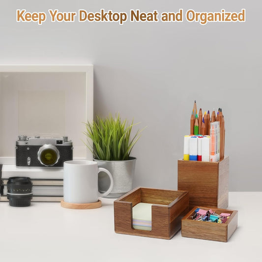 RAWILL 3 PCS Black Wooden Desk Organizer Set Pine Wood Office Desk Accessories with Pen Holder, Paperclip Storage and Sticky Note Holder, Wood Grain Clear, Ideal Gift for Office and Family