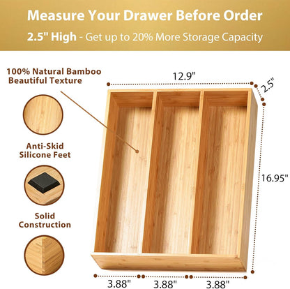 Umilife Bamboo Kitchen Drawer Organizer, 13 Inch Silverware Utensil Tray Holder, Extra Deep Grooved Drawer Divider, 7 Slots Total Bamboo Wood Caddy for Flatware Cutlery Knives, Forks, Spoons