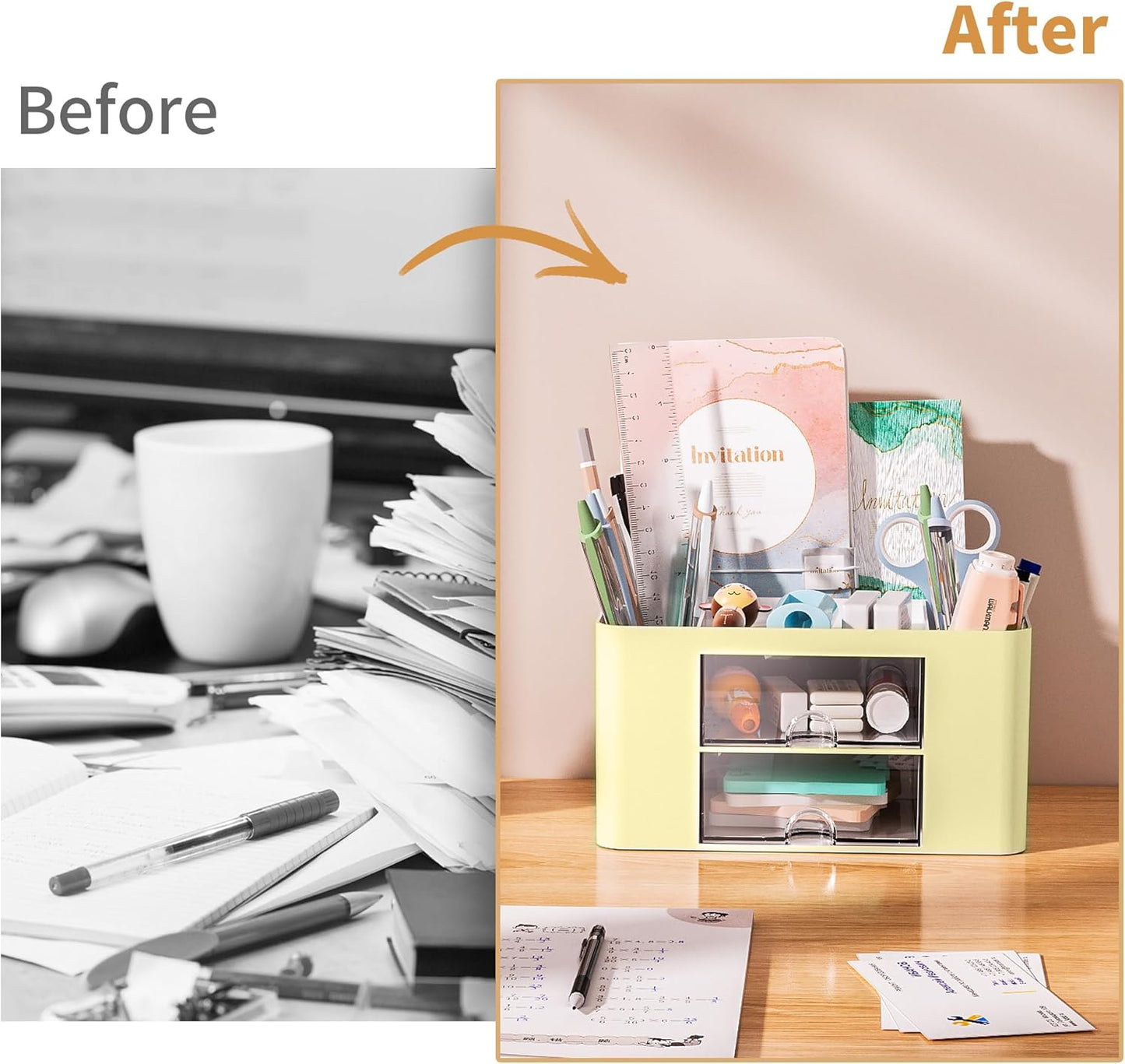 Marbrasse Pen Organizer with 2 Drawer, Multi-Functional Pencil Holder for Desk, Desk Organizers and Accessories with 5 Compartments + Drawer for Office Art Supplies (White)