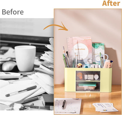 Marbrasse Pen Organizer with 2 Drawer, Multi-Functional Pencil Holder for Desk, Desk Organizers and Accessories with 5 Compartments + Drawer for Office Art Supplies (White)