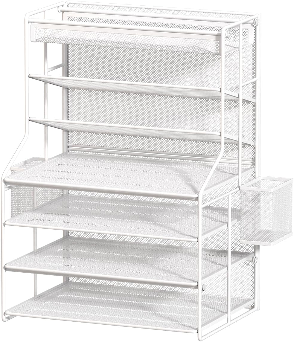 7 Tier Desk File Organizer – Vertical File Organizer for Desk with Removable Pen Holder & Adjustable Pull-out Drawer – Metal Document Organizer for Office, Simple Trending Design – Black