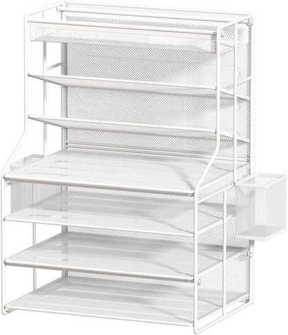 7 Tier Desk File Organizer – Vertical File Organizer for Desk with Removable Pen Holder & Adjustable Pull-out Drawer – Metal Document Organizer for Office, Simple Trending Design – Black
