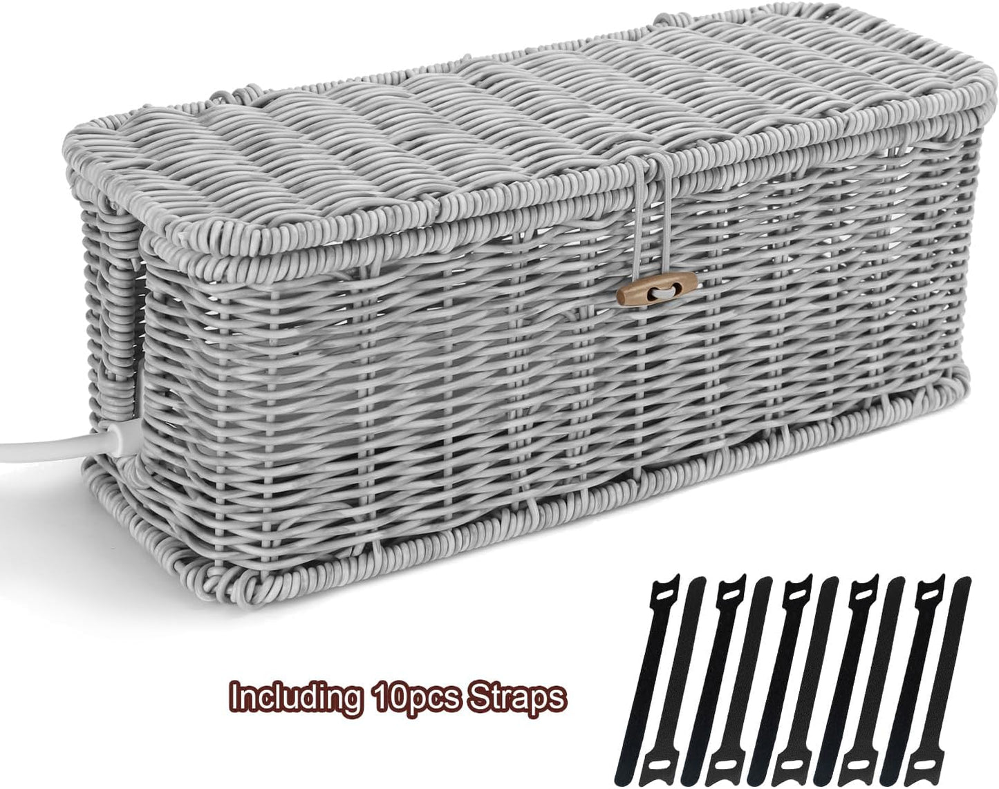 Cable Management Box, Desk Handwoven Rattan Cord Hider Cable Organizer Box With Lid Button Lock, Power Strip Cover Wicker Decorative Basket, Floor Wire Hiding Extension Cord Box (dark brown)