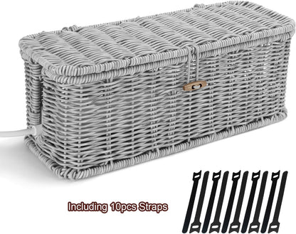 Cable Management Box, Desk Handwoven Rattan Cord Hider Cable Organizer Box With Lid Button Lock, Power Strip Cover Wicker Decorative Basket, Floor Wire Hiding Extension Cord Box (dark brown)
