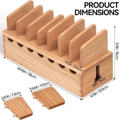 KIRIGEN Charging Station Organizer for Multiple Devices Desktop Organizer Wooden Cable Management with 7 Ports for Cell Phones, Tablets, Earphones GDXH-DBR