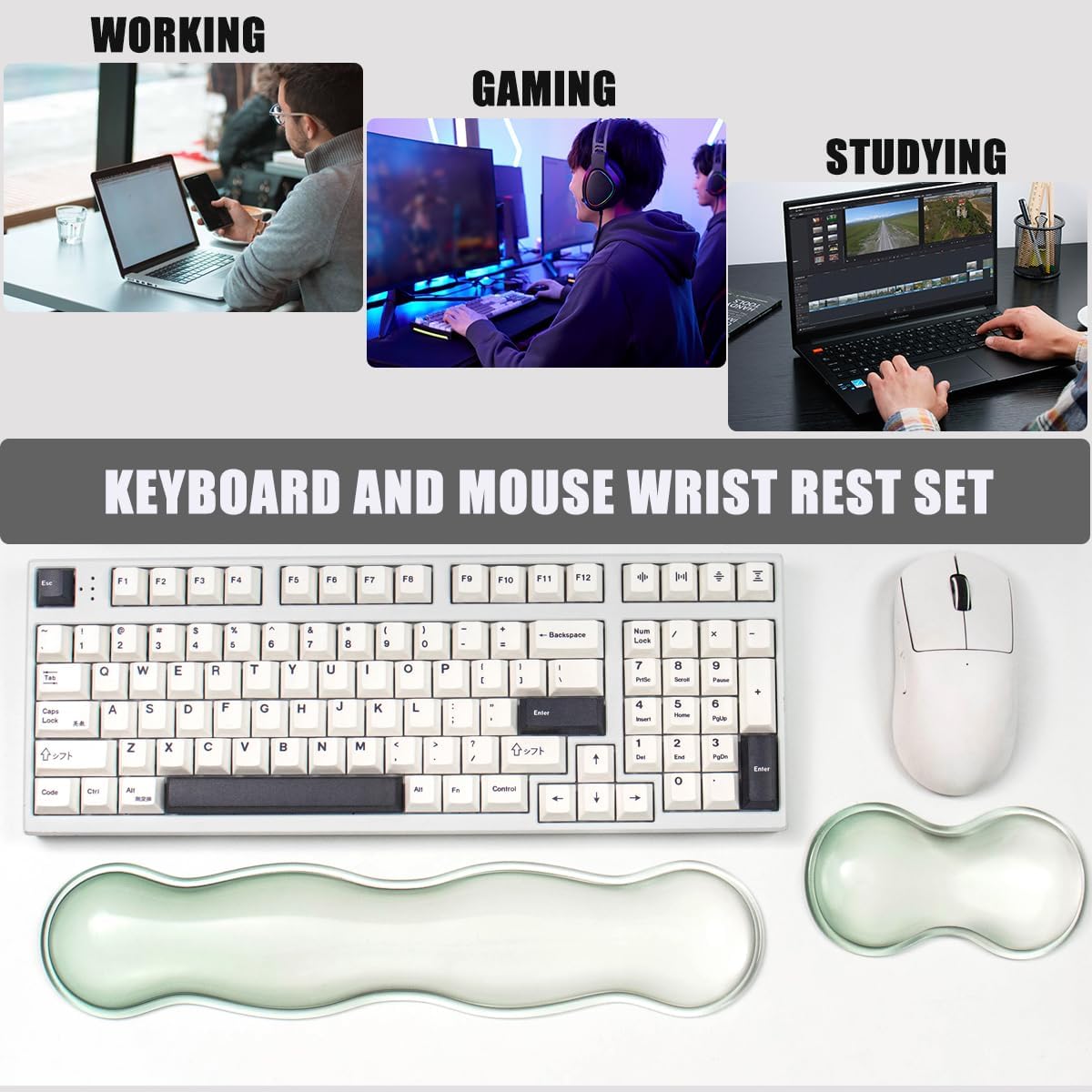 Ergonomic Gel Keyboard and Mouse Wrist Rest Set – Clear Wrist Rest for Computer Keyboard 60%/68%/75%, Comfort & Support for Typing and Gaming (Grey Purple)