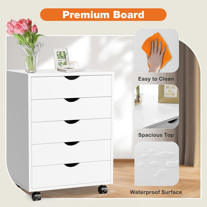 5 Drawer Mobile File Cabinet Under Desk Storage Organization with Wheels Vertical Filing Chest Rolling Wood Small Desk Printer Stand for Home Office, White
