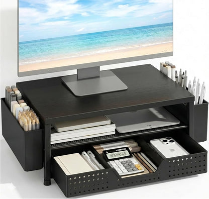 ECOLOVI Desk Organizer and Accessories, 2-Tier Computer Monitor Stand Rise with Storage Drawer & 2 Pen Holders, Laptop & Printer Stand for Desktop, Workspace Organizers for Office Supplies (Blue)