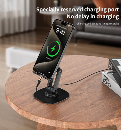 360° Rotating Cell Phone Stand for Desk, Adjustable & Foldable Phone Holder, Aluminum Desktop Phone Stand with Anti-Slip Base, Compatible with iPhone, iPad, Android Phones, K69-Black