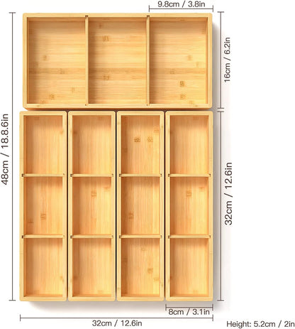 DUJEN Bamboo Drawer Organizer 12.5'' X 12.5'' X 2'', Adjustable 3 Individual Junk Drawer organizer for Bathroom and Kitchen, Wood Drawer Tea Organier Boxes for Silverware, Make up and Tea Bag