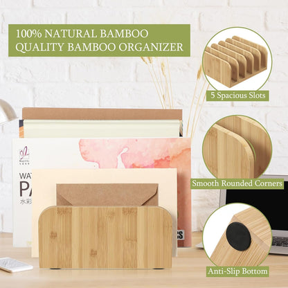 Lineshading Desk Mail Organizer Bamboo File Holders Countertop Paper Organizer Letter Sorter 5 Compartments Envelope Holders with Anti Slip Mat for Home Office School Desktop Document Storage