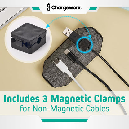 CHARGEWORX Magnetic Cable Organizer – Weighted Non-Adhesive Cord Holder with 3 Magnetic Clips for USB-C, Lightning & MagSafe Cables – Desk, Office & Nightstand Cable Management
