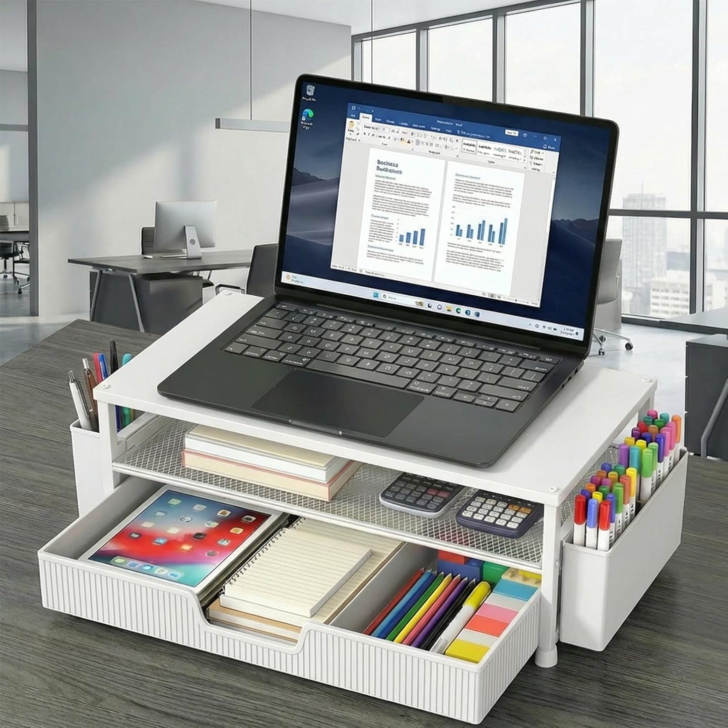 ECOLOVI Desk Organizer and Accessories, 2-Tier Computer Monitor Stand Rise with Storage Drawer & 2 Pen Holders, Laptop & Printer Stand for Desktop, Workspace Organizers for Office Supplies (Blue)
