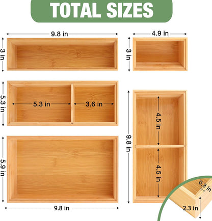 Bamboo Drawer Organizer,5 PCS White Bathroom Tray&Desk Organizers and Storage,Cabinet Divider With Removable Silverware Organization for Kitchen,Utensils,Junk,Office,Makeup