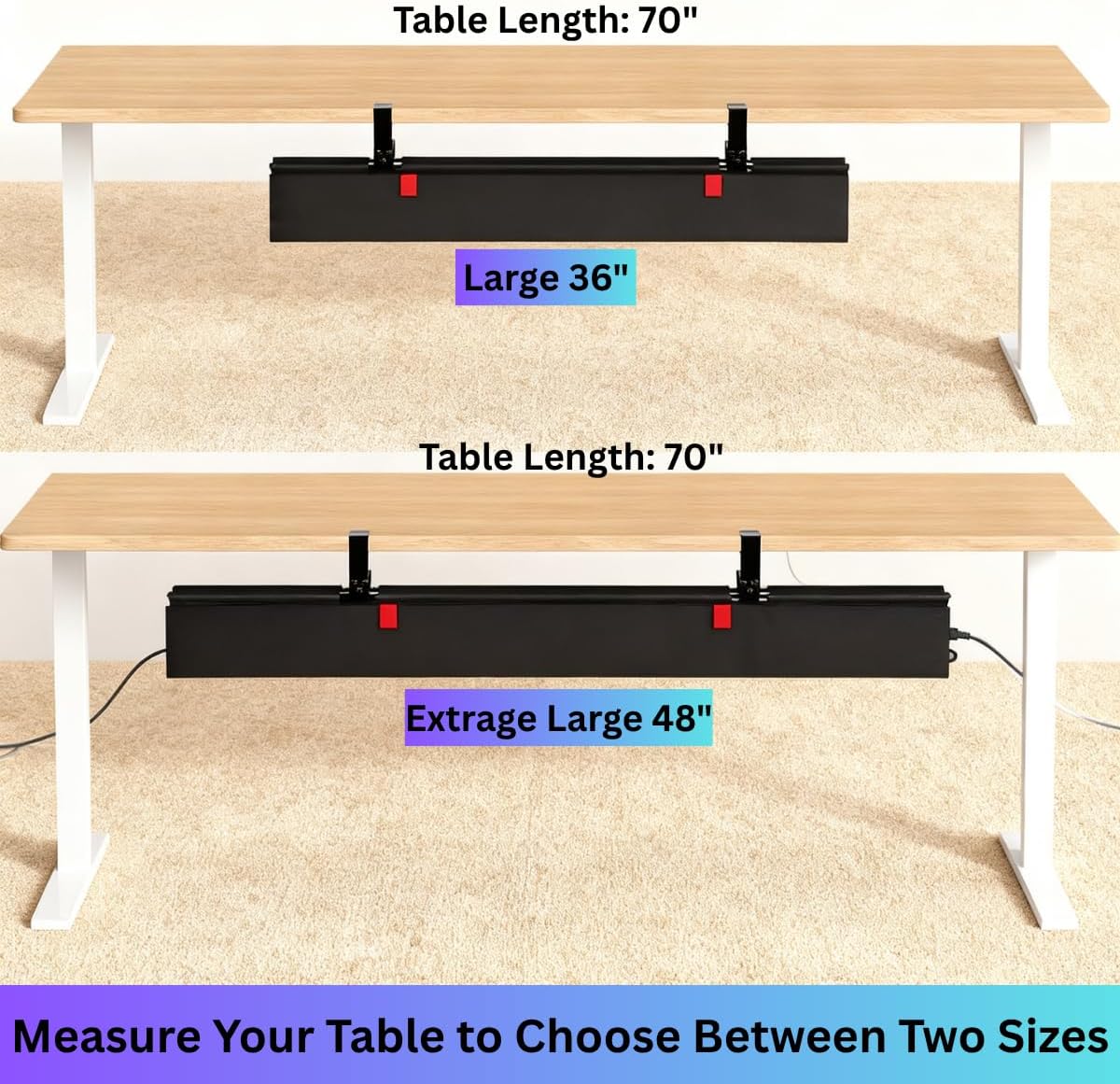 Under Desk Cable Management Tray, 48" Extra Large No Drill Cord Organizer with Easy to Clean Oxford Fabric, Clamp On Power Stripe Holder for Office, Home Office & Gaming Space