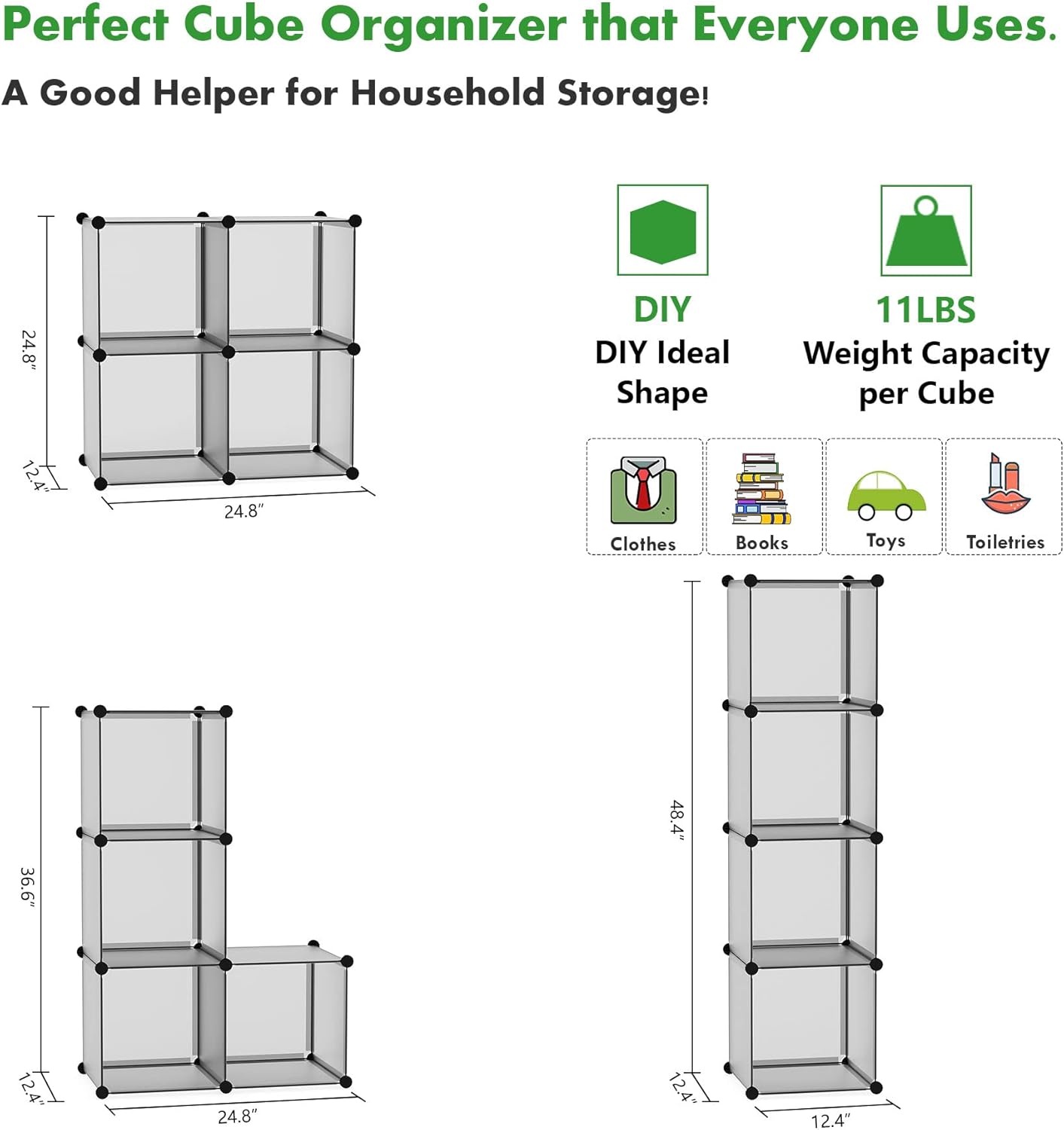 C&AHOME Cube Storage Organizer, 4-Cube Shelves Units, Closet Cabinet, DIY Plastic Modular Book Shelf Ideal for Bedroom, Living Room, Office, 24.8" L x 12.4" W x 24.8" H Milky UPCS04M
