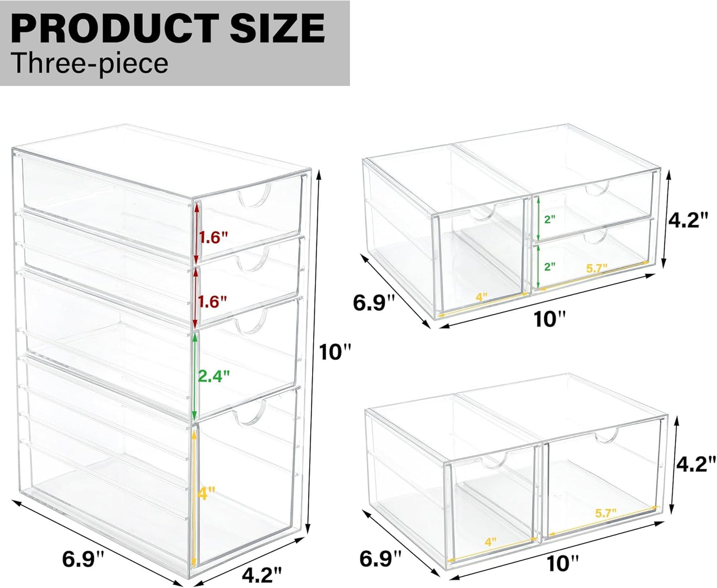 Prsildan Acrylic Makeup Organizer, 2 Pack Stackable Storage Drawers with 6 Drawers for Office Desk Vanity Craft Room Clear Drawer Organizers for Hair Accessories Art Supplies Cosmetics Modular System