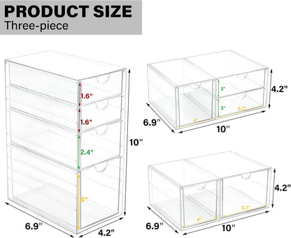 Prsildan Acrylic Makeup Organizer, 2 Pack Stackable Storage Drawers with 6 Drawers for Office Desk Vanity Craft Room Clear Drawer Organizers for Hair Accessories Art Supplies Cosmetics Modular System