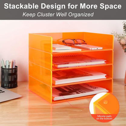 Gelite Acrylic File Organizer for Desk 4 Tiered Stackable Letter Tray Office Paper Storage Desktop Document Sorter, Neon Pink