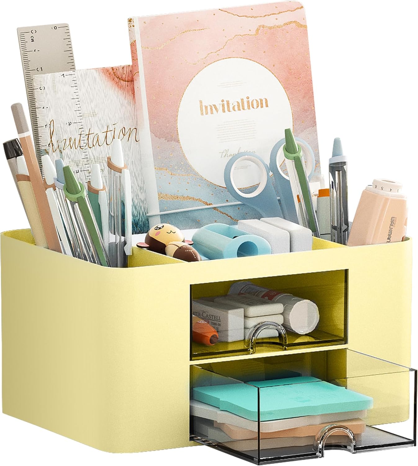 Marbrasse Pen Organizer with 2 Drawer, Multi-Functional Pencil Holder for Desk, Desk Organizers and Accessories with 5 Compartments + Drawer for Office Art Supplies (White)