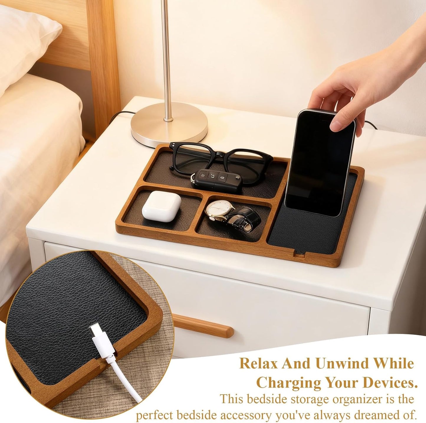 Walnut Wooden Valet Tray for Men, PU Leather Inlay Nightstand Organizer, Bedside Table Tray with Cable Slot for Keys, Phone, Watch, Jewelry