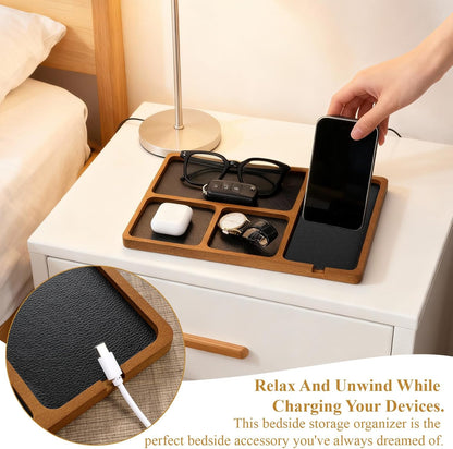 Walnut Wooden Valet Tray for Men, PU Leather Inlay Nightstand Organizer, Bedside Table Tray with Cable Slot for Keys, Phone, Watch, Jewelry
