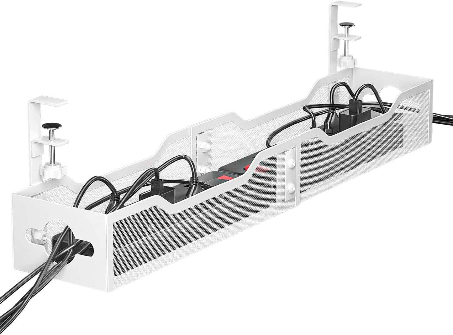 Under Desk Cable Management Tray No Drill, Metal Mesh Cable Management Under Desk with Clamp Mount, 2 Hole Cable Tray with Wire Management and Cord Organizer for Home Office Standing Desk