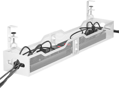 Under Desk Cable Management Tray No Drill, Metal Mesh Cable Management Under Desk with Clamp Mount, 2 Hole Cable Tray with Wire Management and Cord Organizer for Home Office Standing Desk