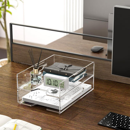 HIIMIEI Acrylic Paper Tray 2 Pack Clear Letter Tray Desk Stackable Organizer for School, Home, Office - Horizontal