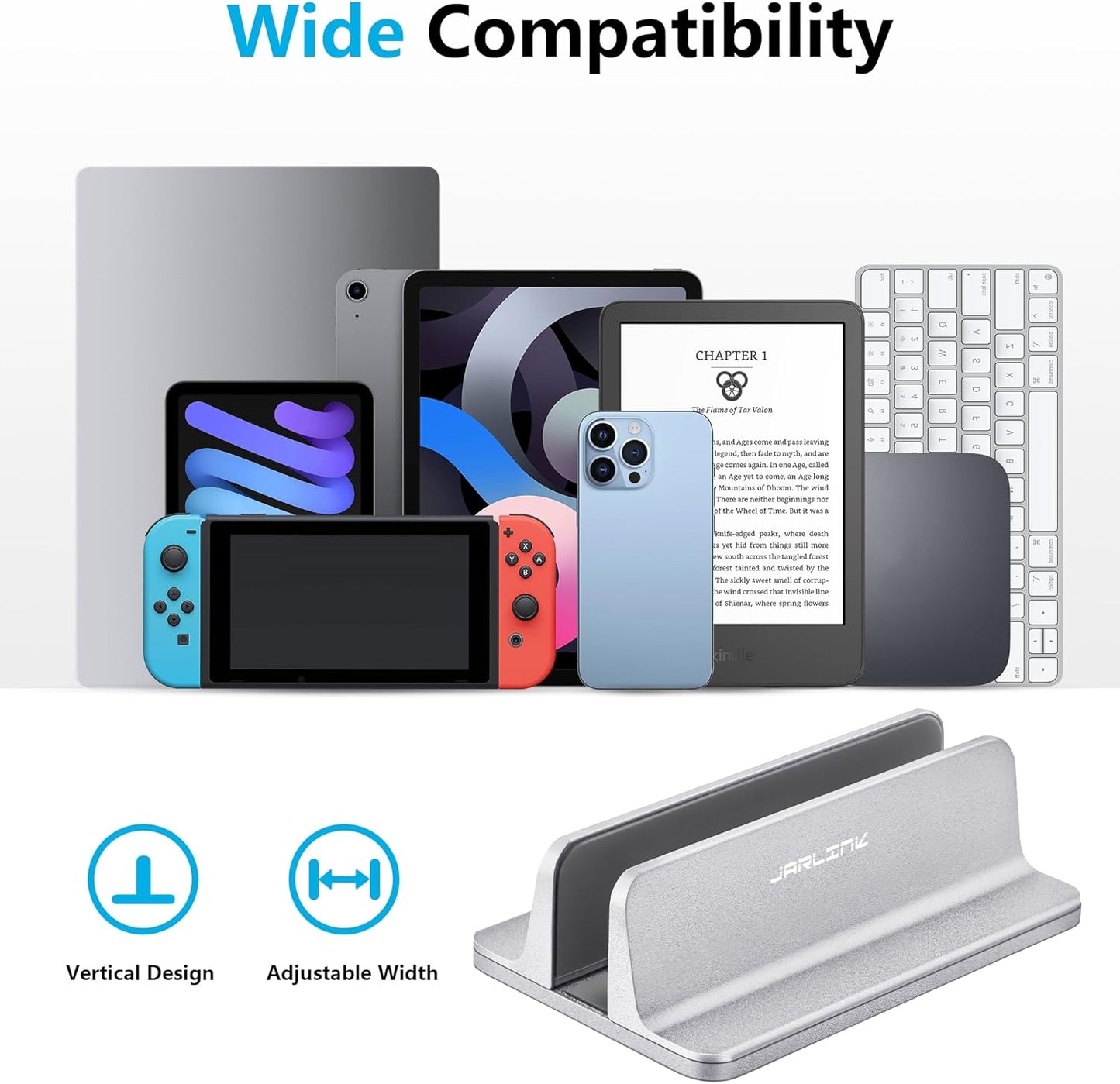 JARLINK Vertical Laptop Stand, Aluminum Laptop Holder Desktop Stand with Adjustable Dock Size (up to 17.3 inches) Compatible with All MacBook/Surface/Dell/Gaming Laptops (Silver)