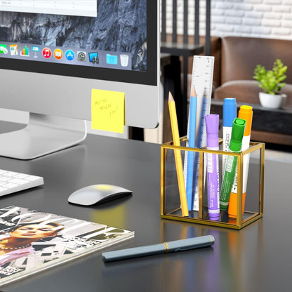 NIUBEE Acrylic Pen Holder 4 Compartments, Clear Pencil Organizer Cup for Countertop Desk Accessory Storage