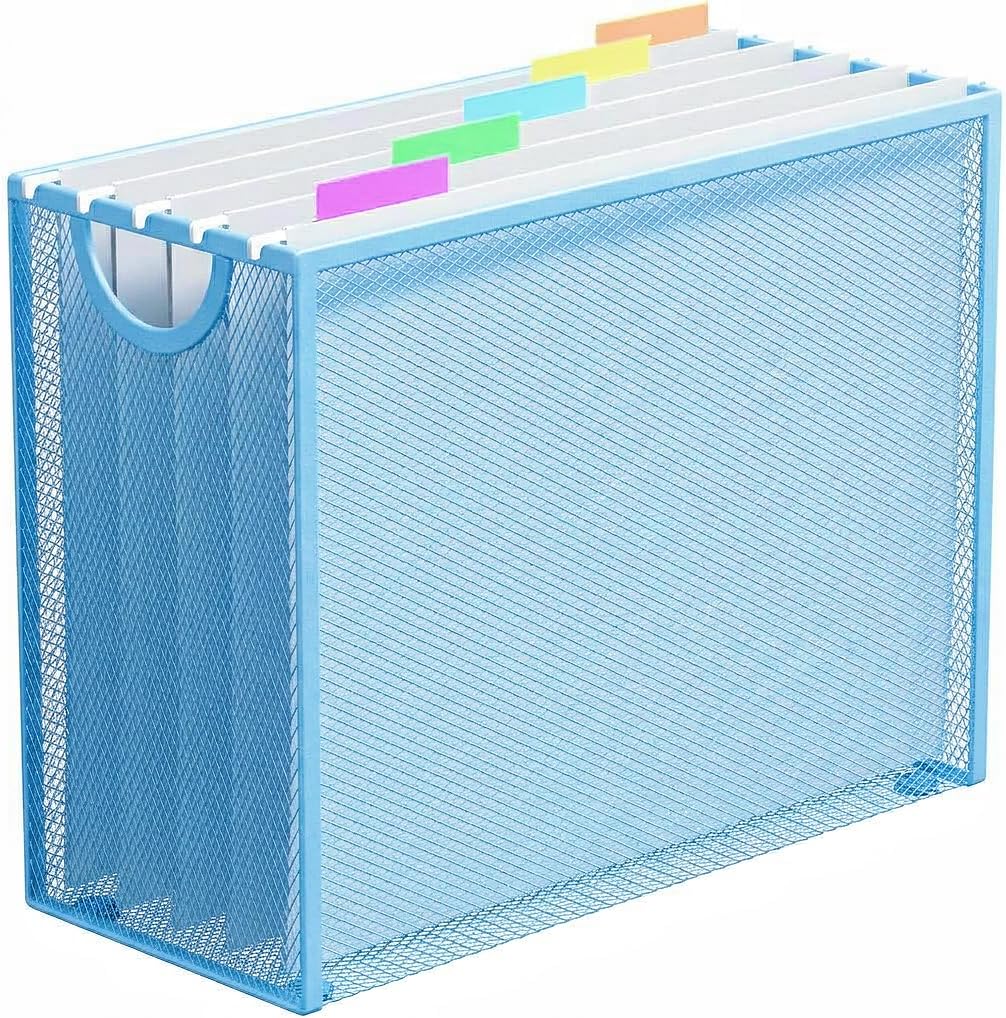 Hanging File Organizer, Letter-Size File Holder Filing Box with 5 Hanging Folders, Metal Mesh Desk File Folder Storage(No Assembly Required) (with 5 Grey Folders)