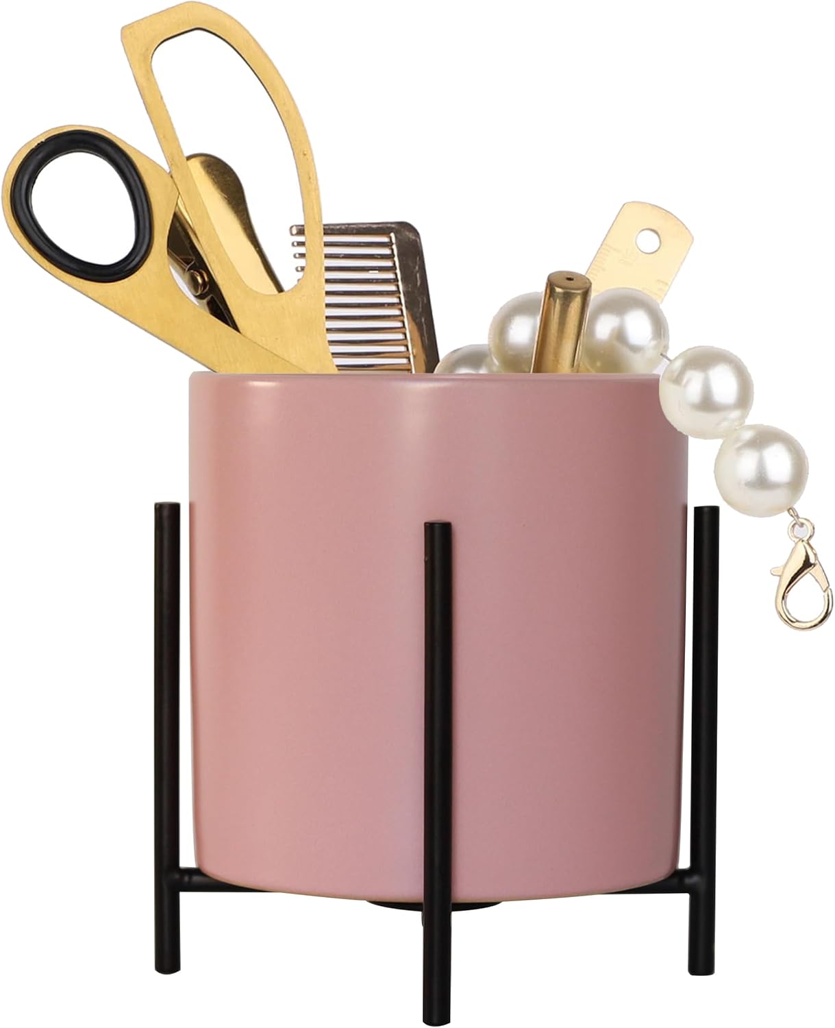 Sturdy Pen Holder Simple and elegant for Desk Matte Pencil Holder Ceramic Cute Desktop Organizer Brush Holder Cup (Black and Gold Plated)