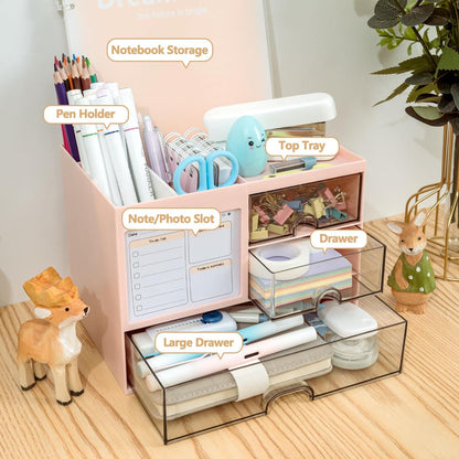 QIYVLOS Desk Organizer with 3 Drawer, Multi-Functional Pencil Pen Holder for Desk, Desk Organizers and Storage with 8 Compartments, Desktop Organizer for Office Home Art Supplies (White)