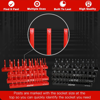 AIUITIO 6PCS Socket Organizer Tray Set, Red SAE & Black Metric Socket Storage Trays, 1/4-Inch, 3/8-Inch & 1/2-Inch Drive Deep and Shallow Socket Holders for Toolboxes
