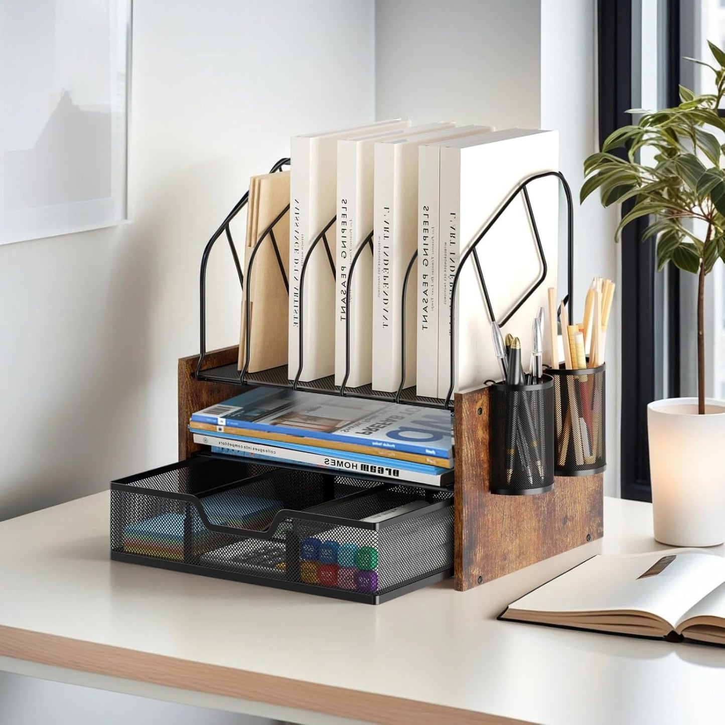 Wood Desk Organizer - 3-Tier Desktop File Organizer with Drawer, Wooden Paper Tray, Office Desk Organzier and Accessories for Papers, Mail, Notebooks, Stationery
