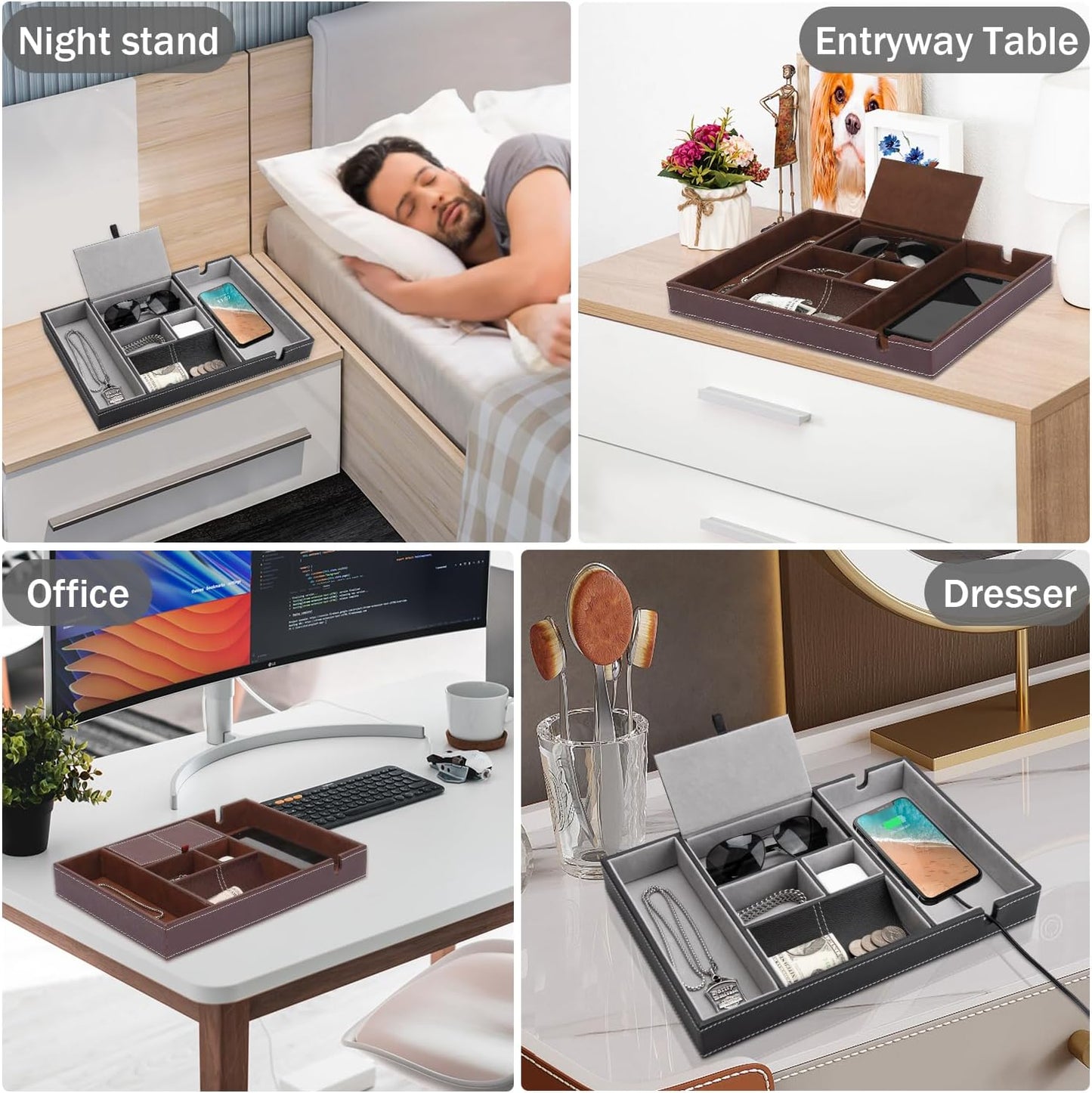 Baoyun Mens Nightstand Organizer, Leather Valet Tray for Men, EDC Catchall Tray with Phone Charging Station, Dresser Top Organizer, 6 Compartments Entryway Valet Box for Wallet, Keys, Phone