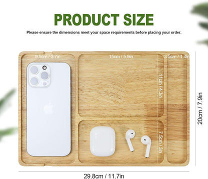 MultiBey Walnut Wood Valet Tray - Wooden Nightstand Organizer for Men Women, 4 Slot Desk Drawer Organizer Tray, EDC Catch All Tray with Cable Slot for Phone Watch Wallet Key Jewelry